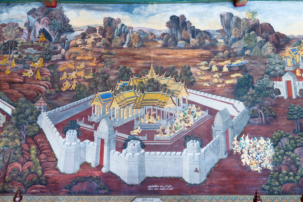 Falfestmény a Ramayana jeleneteit ábrázoló Wat Phra Kaeo-ban, a Királyi Nagy Palota, Bangkok, Thaiföld alkotó: Thai School