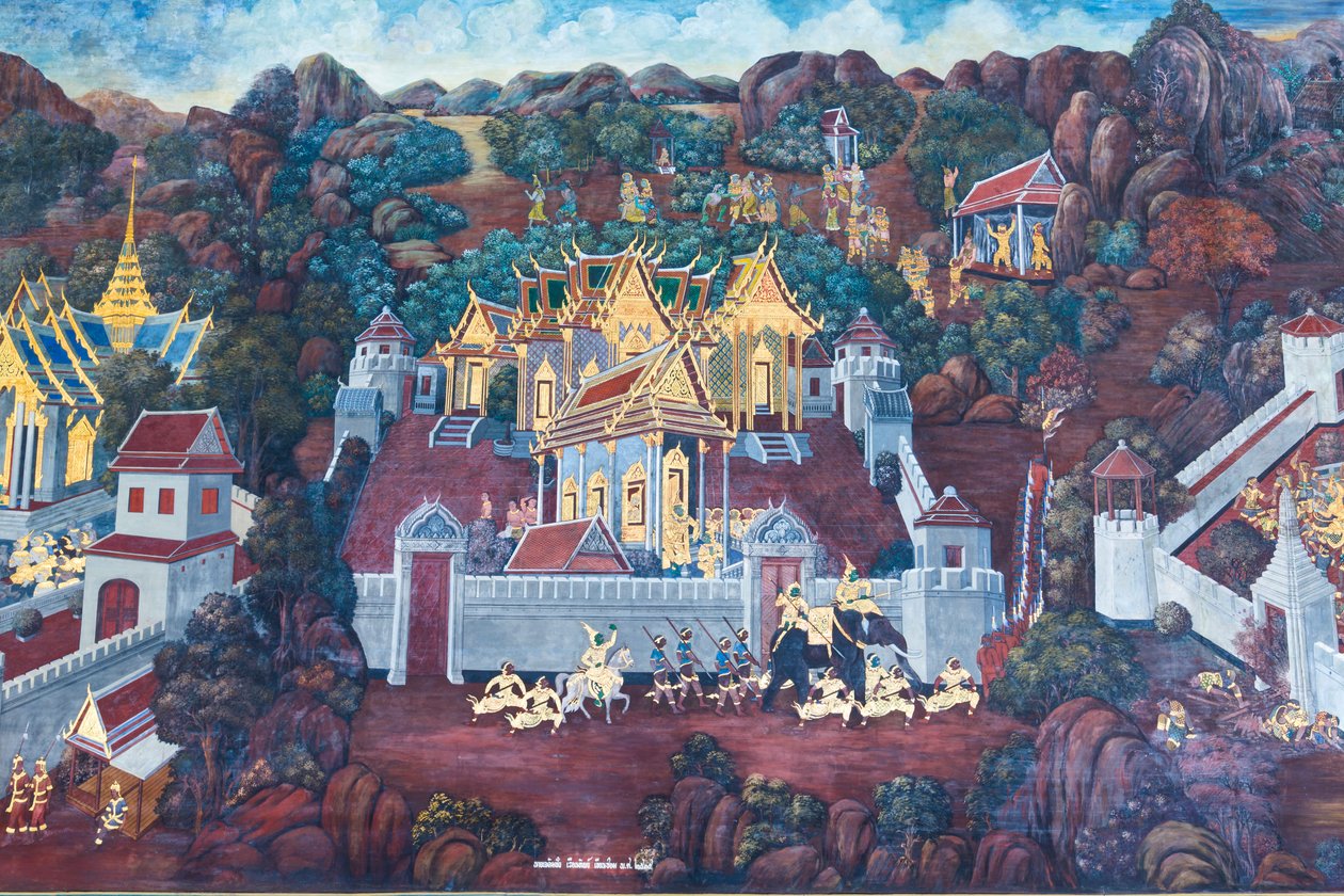 Falfestmény a Ramayana jeleneteit ábrázoló Wat Phra Kaeo-ban, a Királyi Nagy Palota, Bangkok, Thaiföld alkotó: Thai School