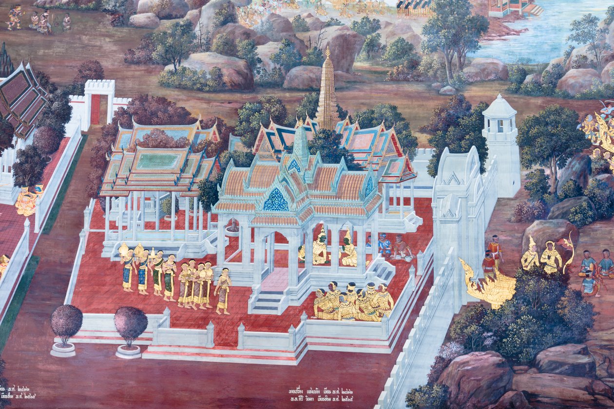 Falfestmény a Ramayana jeleneteit ábrázoló Wat Phra Kaeo-ban, a Királyi Nagy Palota, Bangkok, Thaiföld alkotó: Thai School