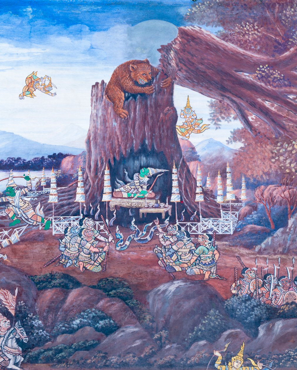 Falfestmény a Ramayana jeleneteit ábrázoló Wat Phra Kaeo-ban, a Királyi Nagy Palota, Bangkok, Thaiföld alkotó: Thai School