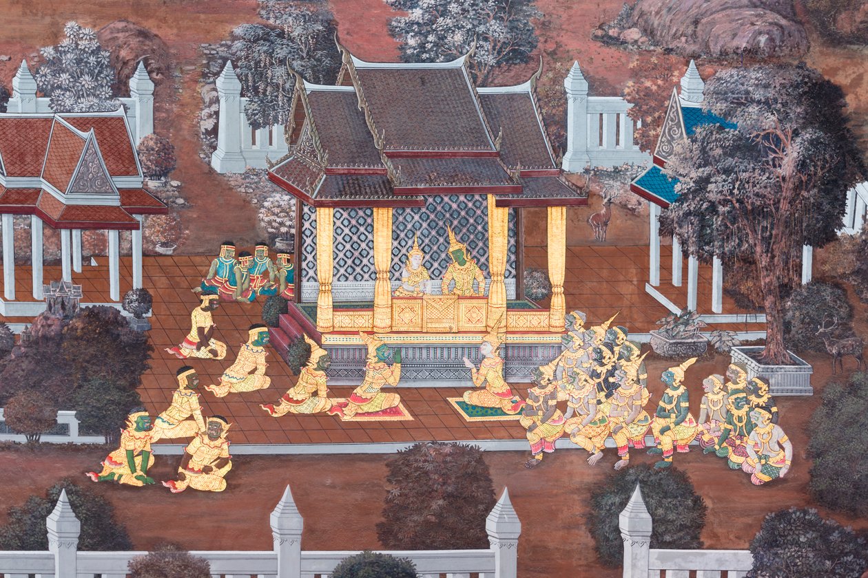 Falfestmény a Ramayana jeleneteit ábrázoló Wat Phra Kaeo-ban, a Királyi Nagy Palota, Bangkok, Thaiföld alkotó: Thai School
