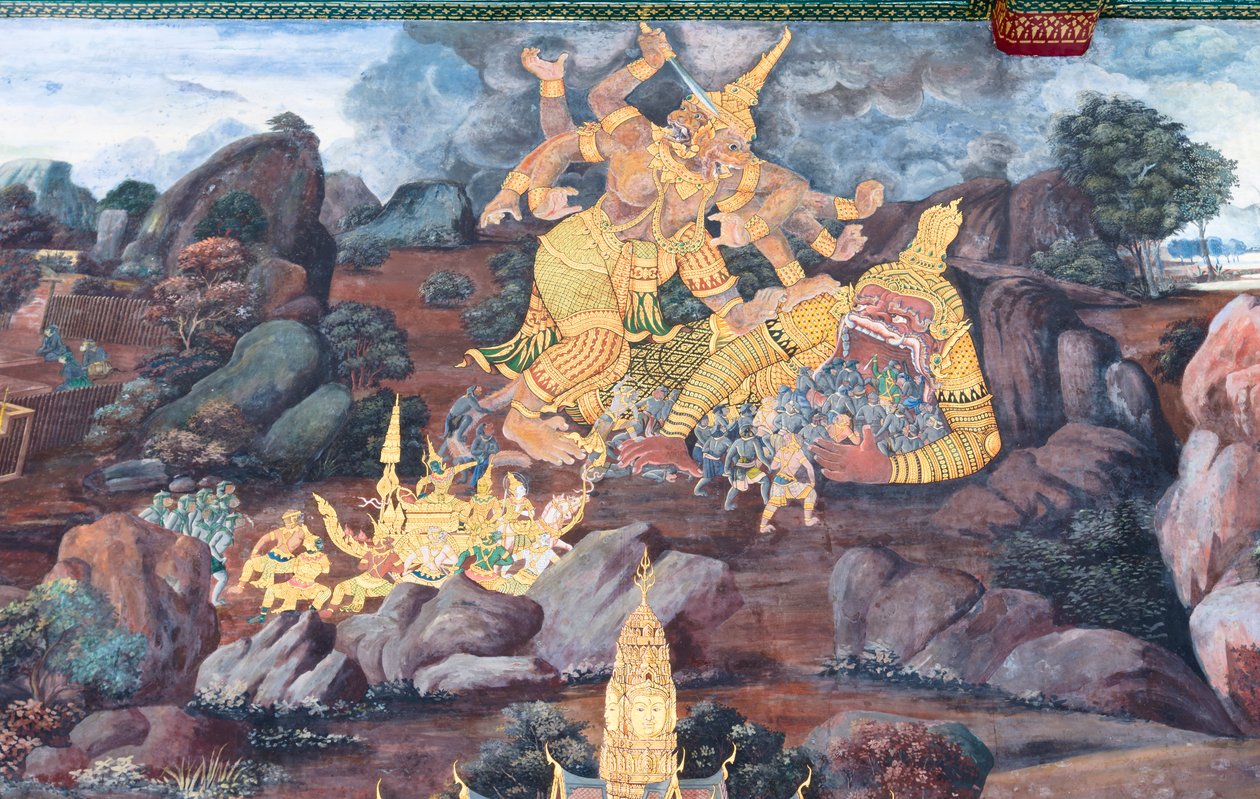 Falfestmény a Ramayana jeleneteit ábrázoló Wat Phra Kaeo-ban, a Királyi Nagy Palota, Bangkok, Thaiföld alkotó: Thai School