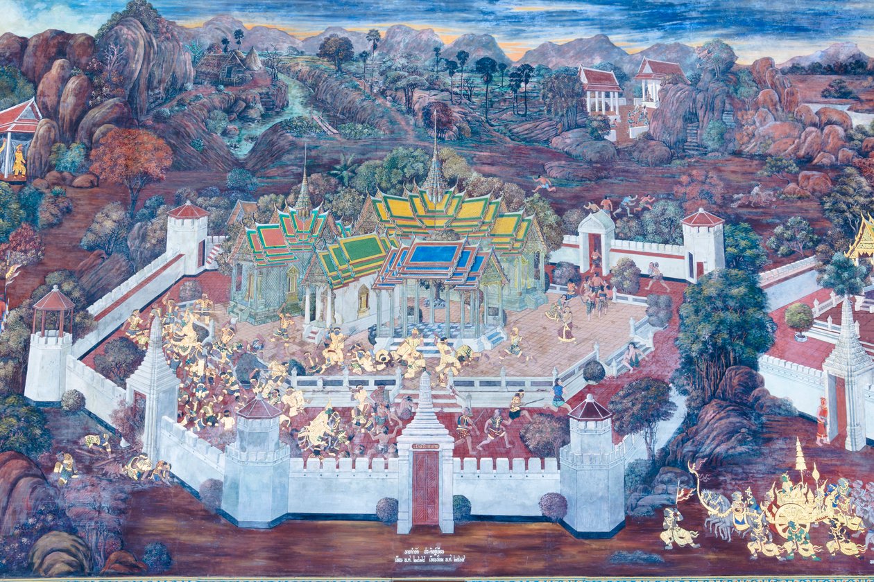 Falfestmény a Ramayana jeleneteit ábrázoló Wat Phra Kaeo-ban, a Királyi Nagy Palota, Bangkok, Thaiföld alkotó: Thai School