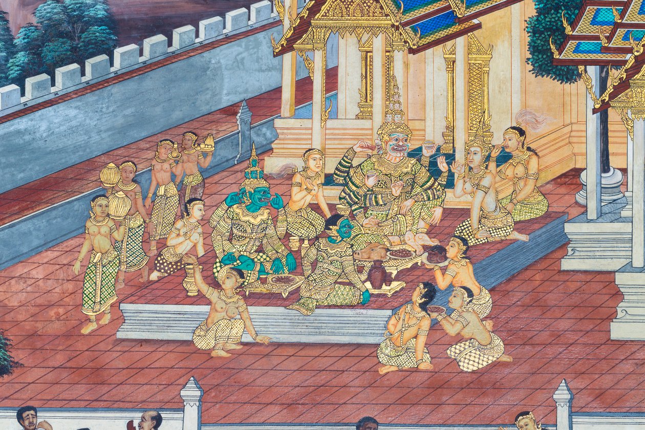 Falfestmény a Ramayana jeleneteit ábrázoló Wat Phra Kaeo-ban, a Királyi Nagy Palota, Bangkok, Thaiföld alkotó: Thai School
