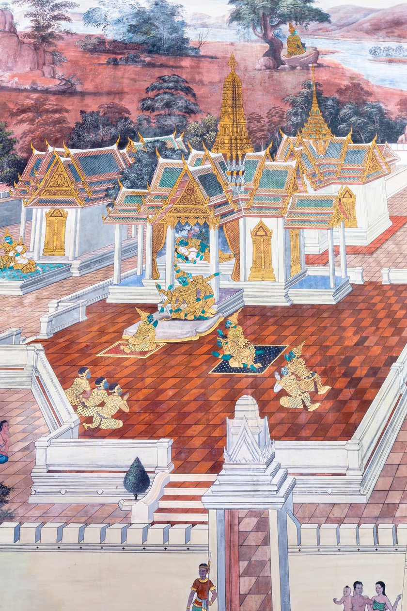 Falfestmény a Ramayana jeleneteit ábrázoló Wat Phra Kaeo-ban, a Királyi Nagy Palota, Bangkok, Thaiföld alkotó: Thai School