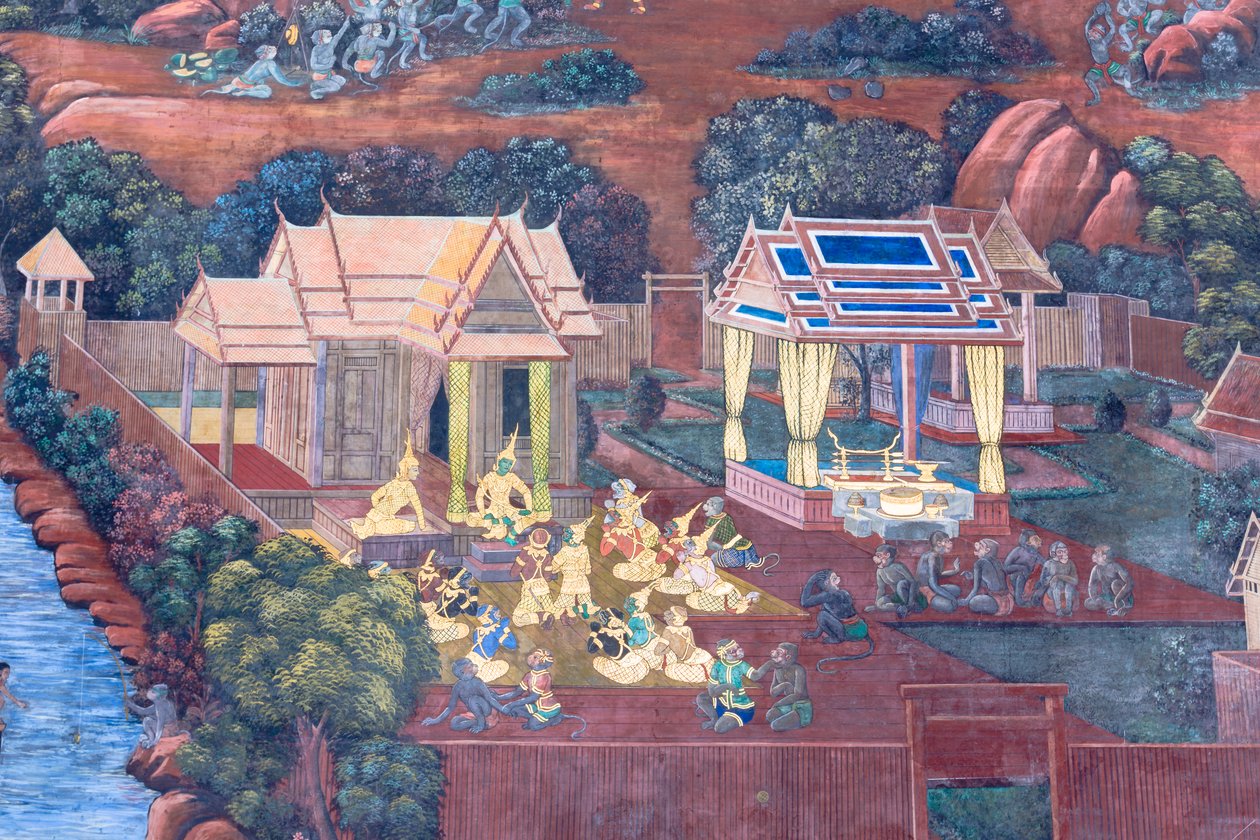 Falfestmény a Ramayana jeleneteit ábrázoló Wat Phra Kaeo-ban, a Királyi Nagy Palota, Bangkok, Thaiföld alkotó: Thai School