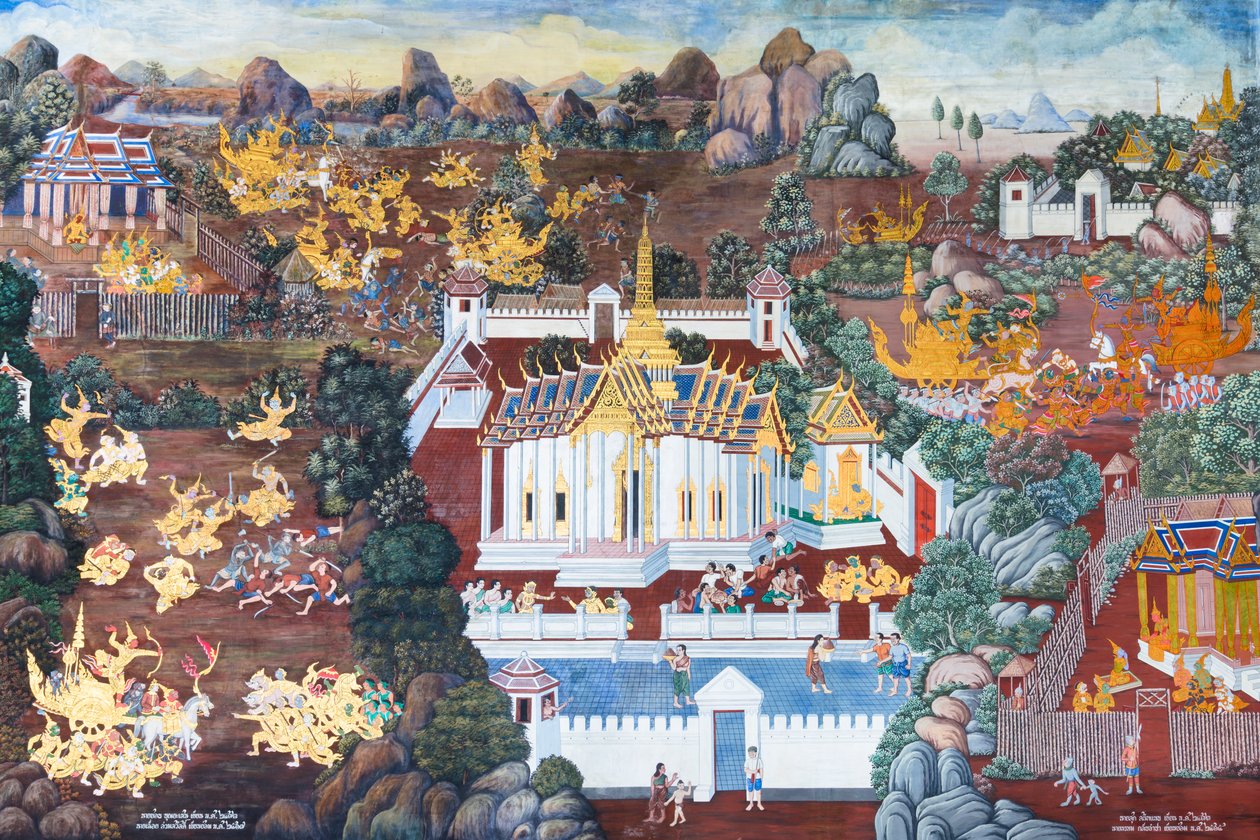 Falfestmény a Ramayana jeleneteit ábrázoló Wat Phra Kaeo-ban, a Királyi Nagy Palota, Bangkok, Thaiföld alkotó: Thai School