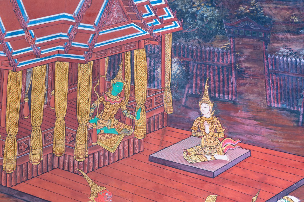Falfestmény a Ramayana jeleneteit ábrázoló Wat Phra Kaeo-ban, a Királyi Nagy Palota, Bangkok, Thaiföld alkotó: Thai School