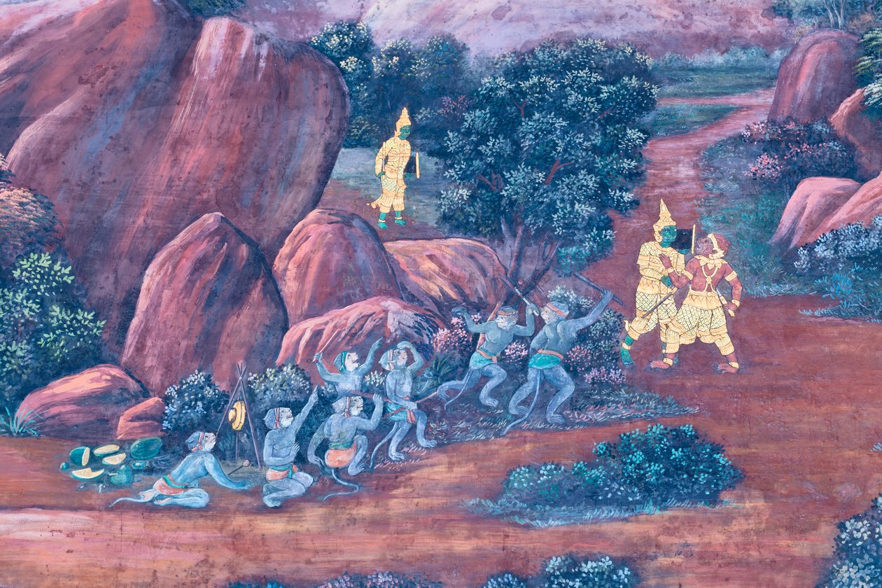 Falfestmény a Ramayana jeleneteit ábrázoló Wat Phra Kaeo-ban, a Királyi Nagy Palota, Bangkok, Thaiföld alkotó: Thai School
