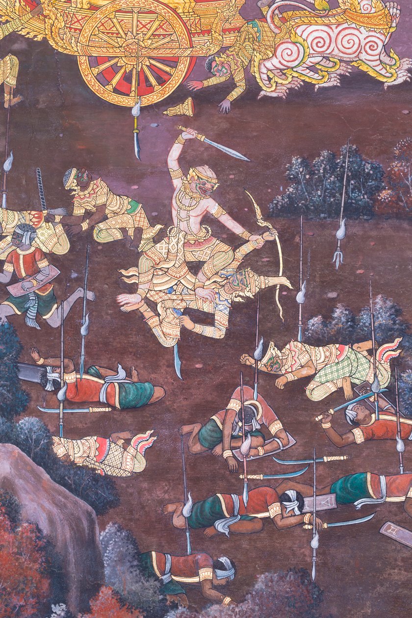 Falfestmény a Ramayana jeleneteit ábrázoló Wat Phra Kaeo-ban, a Királyi Nagy Palota, Bangkok, Thaiföld alkotó: Thai School
