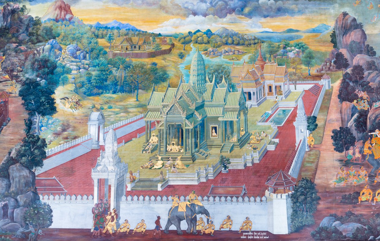 Falfestmény a Ramayana jeleneteit ábrázoló Wat Phra Kaeo-ban, a Királyi Nagy Palota, Bangkok, Thaiföld alkotó: Thai School