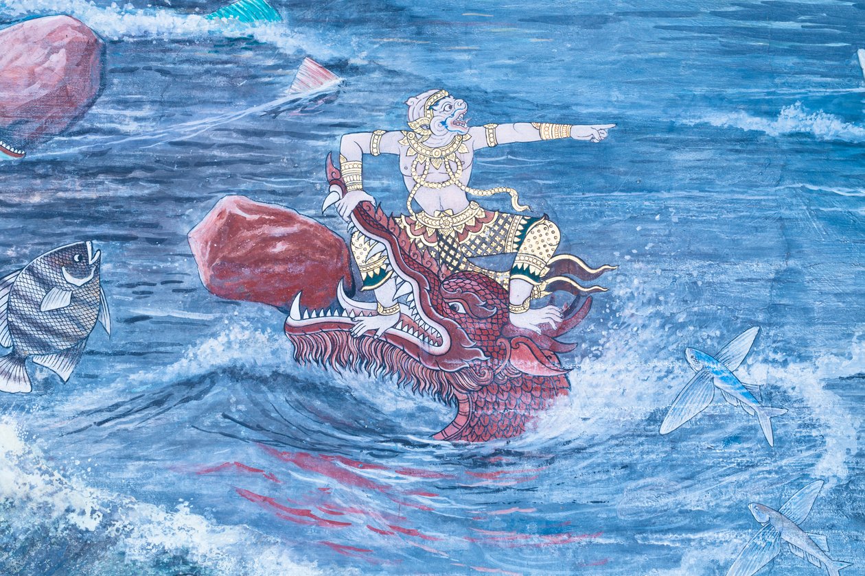 Falfestmény a Ramayana jeleneteit ábrázoló Wat Phra Kaeo-ban, a Királyi Nagy Palota, Bangkok, Thaiföld alkotó: Thai School
