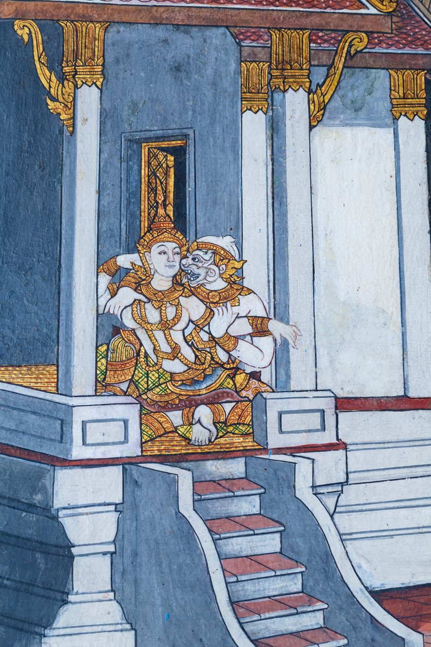 Falfestmény a Ramayana jeleneteit ábrázoló Wat Phra Kaeo-ban, a Királyi Nagy Palota, Bangkok, Thaiföld alkotó: Thai School