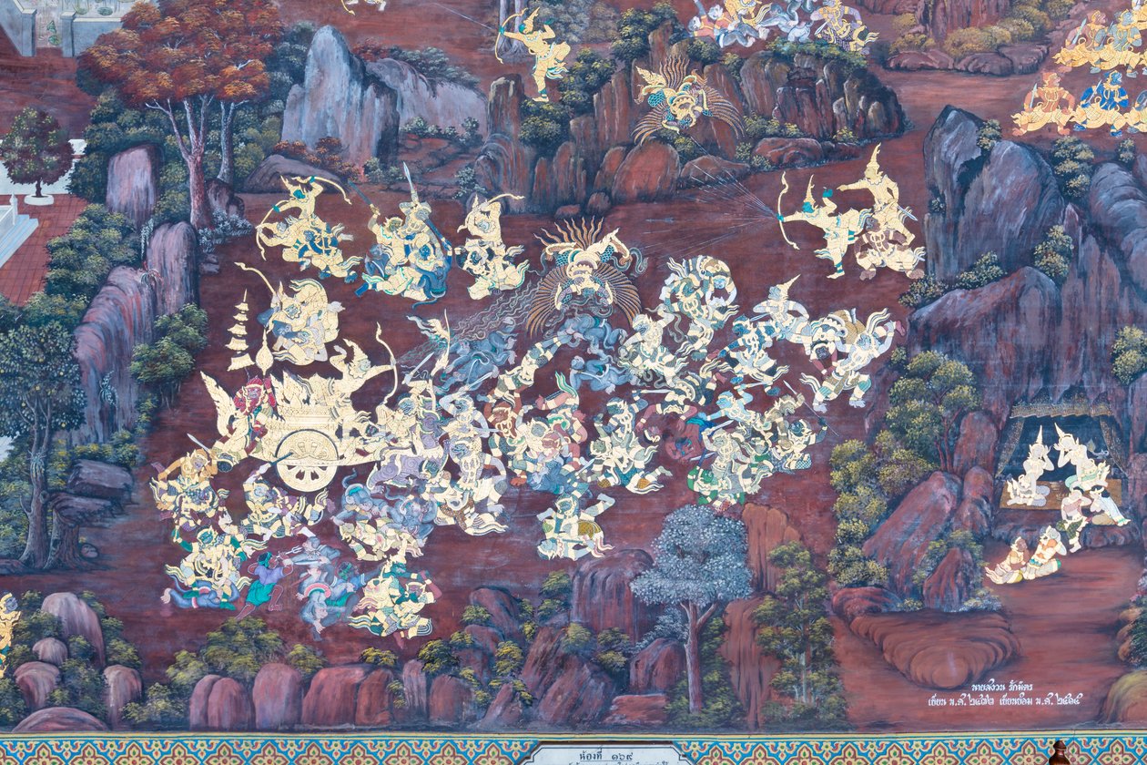Falfestmény a Ramayana jeleneteit ábrázoló Wat Phra Kaeo-ban, a Királyi Nagy Palota, Bangkok, Thaiföld alkotó: Thai School