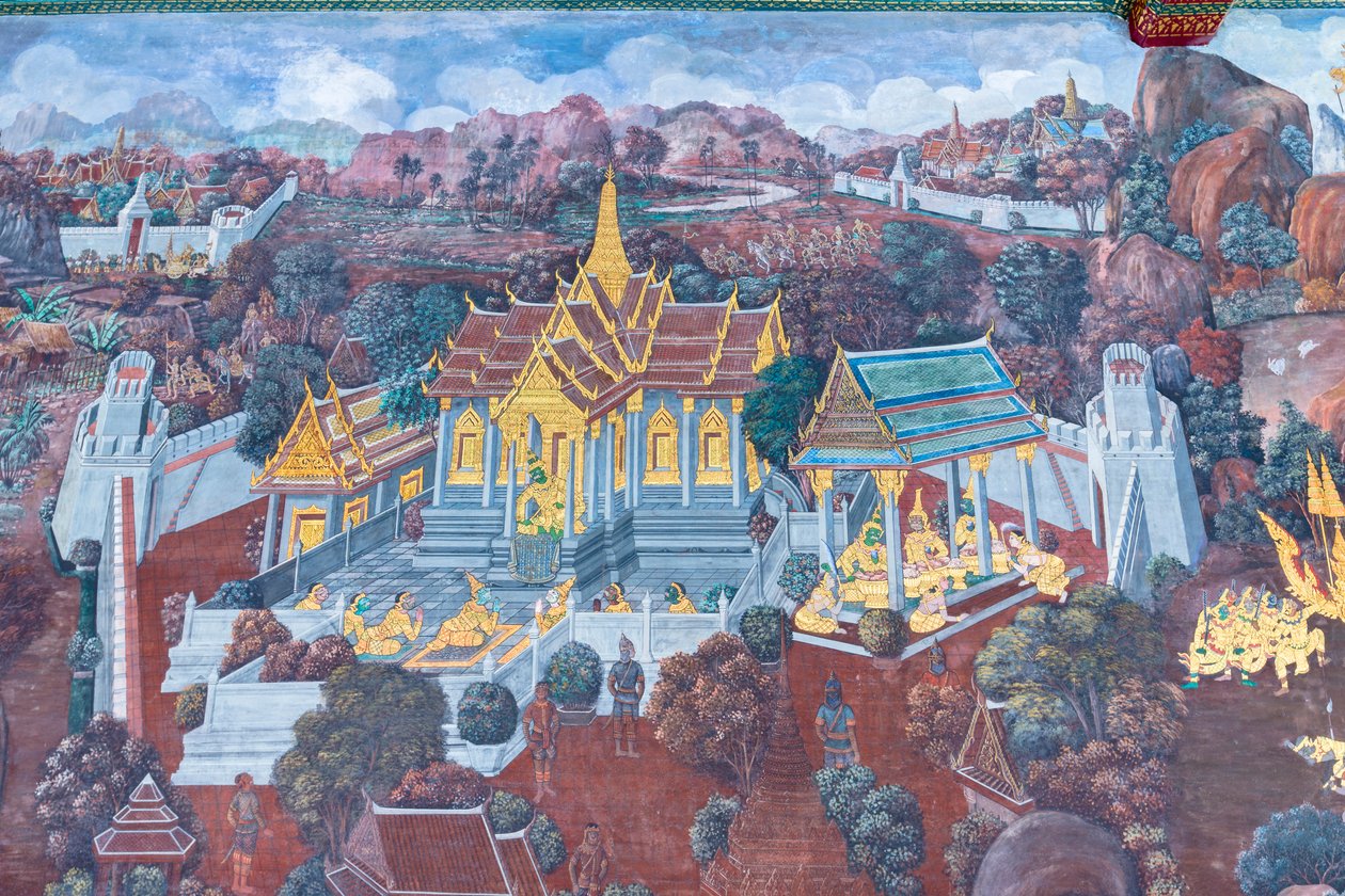 Falfestmény a Ramayana jeleneteit ábrázoló Wat Phra Kaeo-ban, a Királyi Nagy Palota, Bangkok, Thaiföld alkotó: Thai School