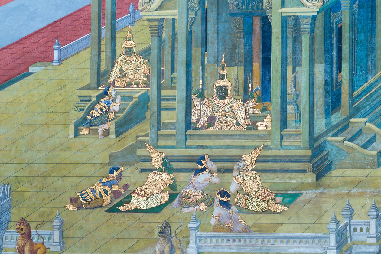 Falfestmény a Ramayana jeleneteit ábrázoló Wat Phra Kaeo-ban, a Királyi Nagy Palota, Bangkok, Thaiföld alkotó: Thai School