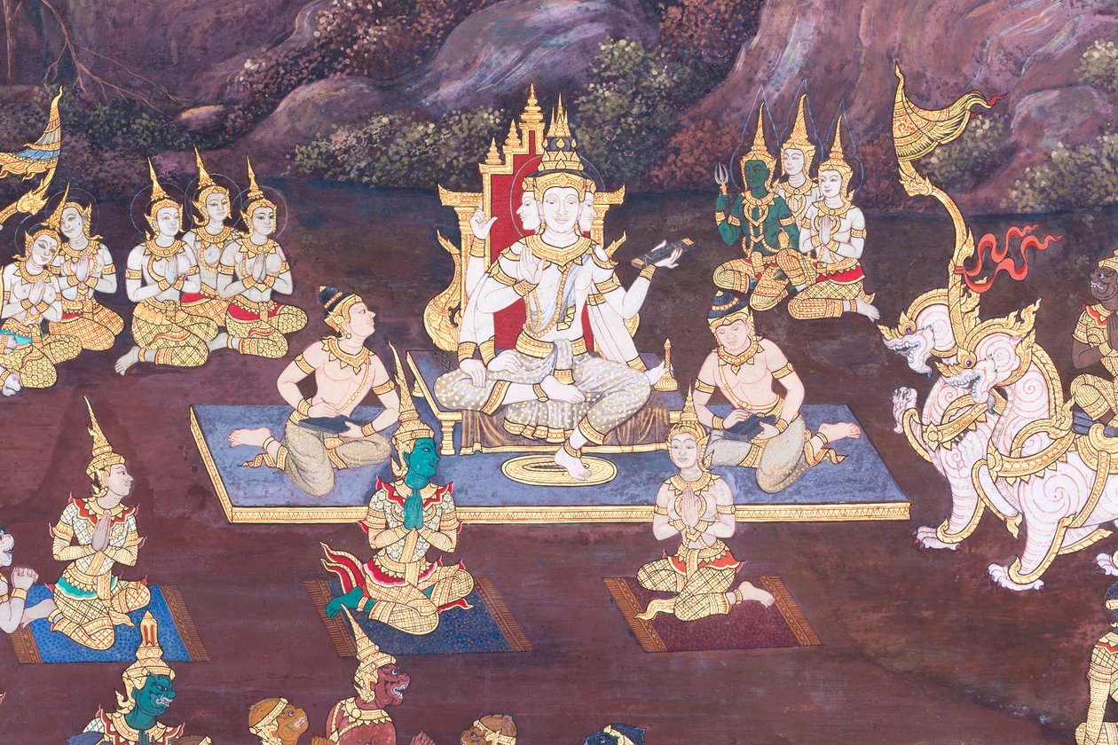 Falfestmény a Ramayana jeleneteit ábrázoló Wat Phra Kaeo-ban, a Királyi Nagy Palota, Bangkok, Thaiföld alkotó: Thai School