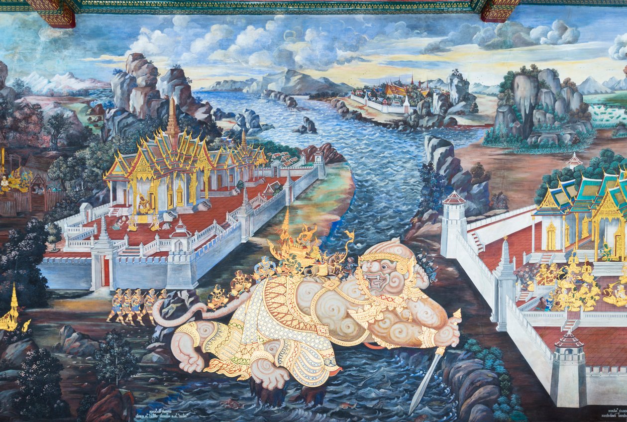 Falfestmény a Ramayana jeleneteit ábrázoló Wat Phra Kaeo-ban, a Királyi Nagy Palota, Bangkok, Thaiföld alkotó: Thai School