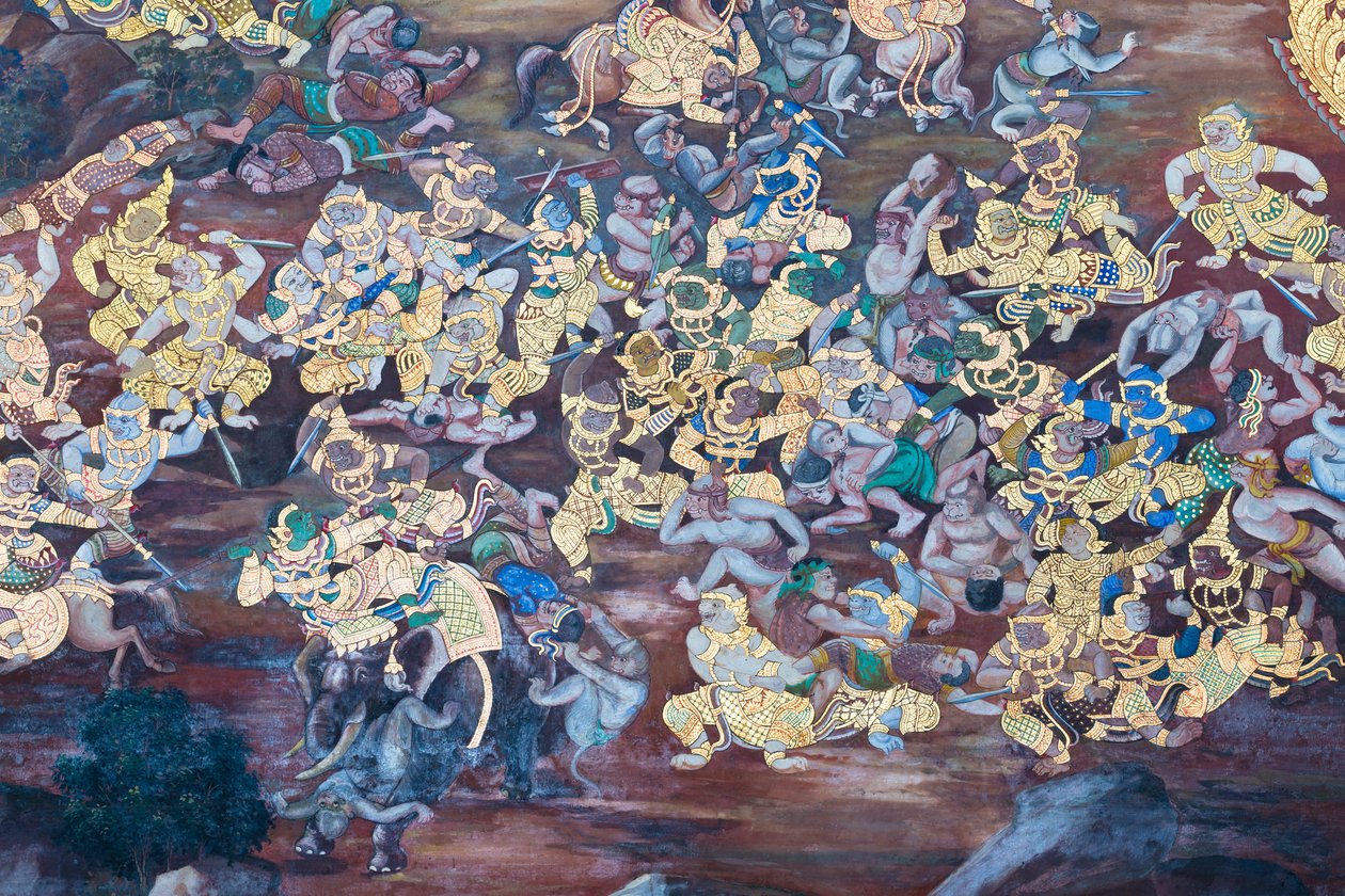 Falfestmény a Ramayana jeleneteit ábrázoló Wat Phra Kaeo-ban, a Királyi Nagy Palota, Bangkok, Thaiföld alkotó: Thai School