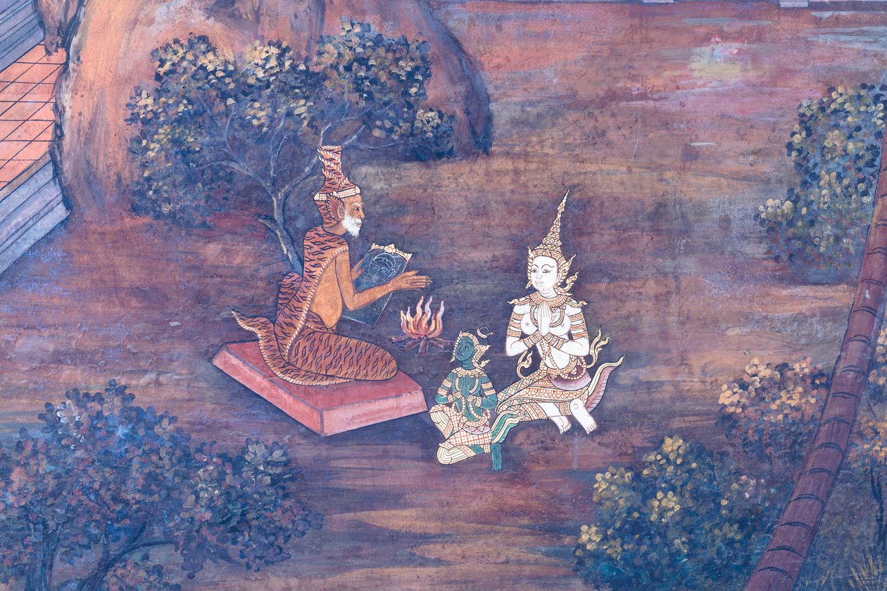 Falfestmény a Ramayana jeleneteit ábrázoló Wat Phra Kaeo-ban, a Királyi Nagy Palota, Bangkok, Thaiföld alkotó: Thai School