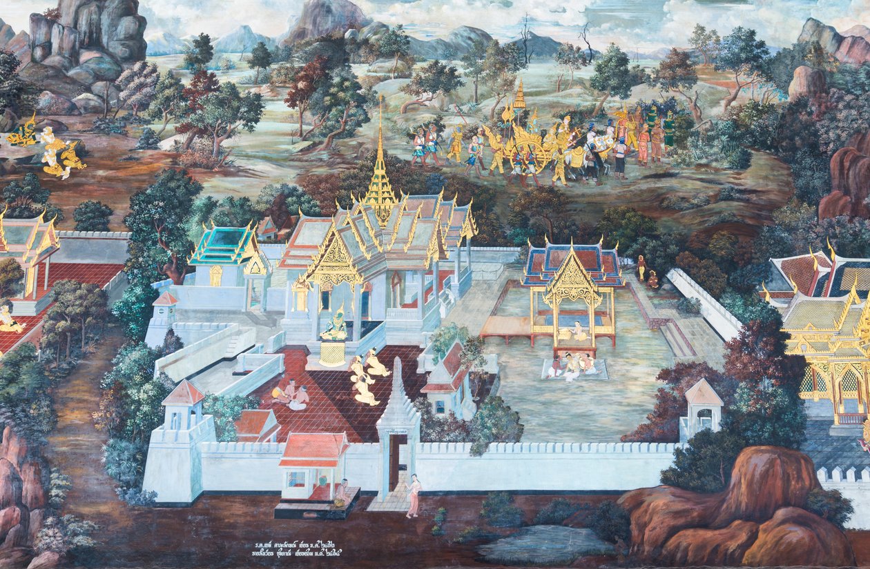 Falfestmény a Ramayana jeleneteit ábrázoló Wat Phra Kaeo-ban, a Királyi Nagy Palota, Bangkok, Thaiföld alkotó: Thai School