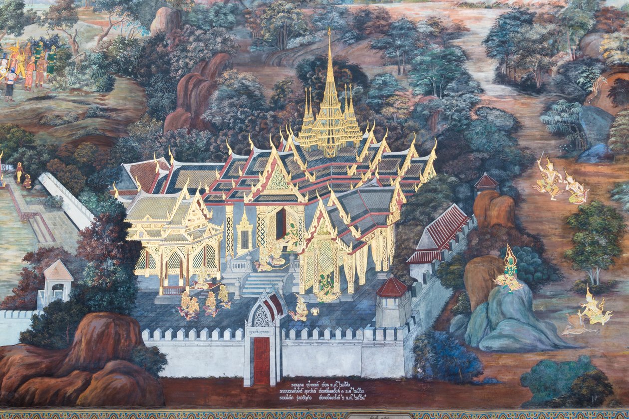 Falfestmény a Ramayana jeleneteit ábrázoló Wat Phra Kaeo-ban, a Királyi Nagy Palota, Bangkok, Thaiföld alkotó: Thai School