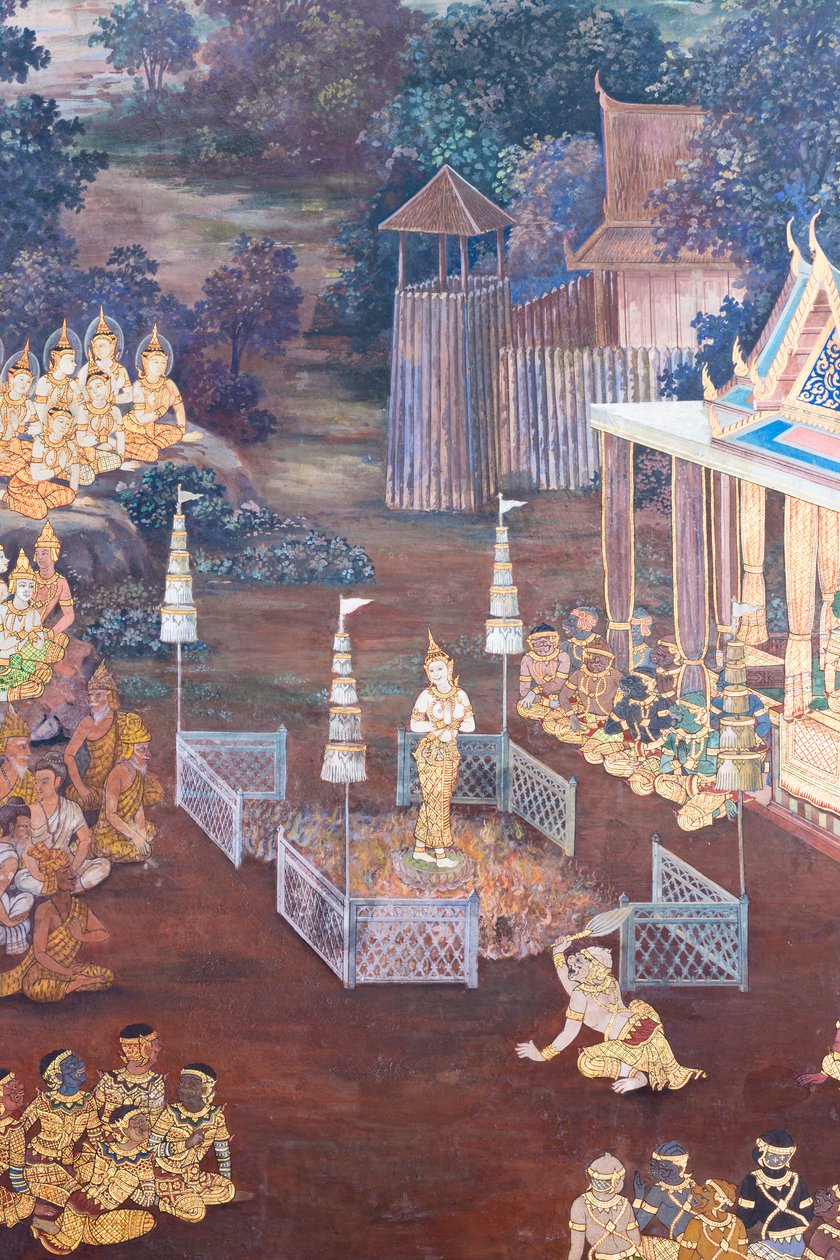 Falfestmény a Ramayana jeleneteit ábrázoló Wat Phra Kaeo-ban, a Királyi Nagy Palota, Bangkok, Thaiföld alkotó: Thai School