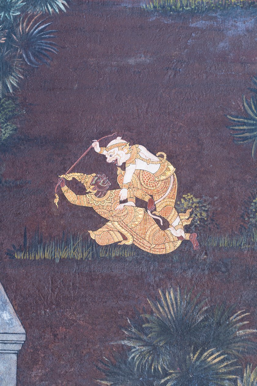 Falfestmény a Ramayana jeleneteit ábrázoló Wat Phra Kaeo-ban, a Királyi Nagy Palota, Bangkok, Thaiföld alkotó: Thai School