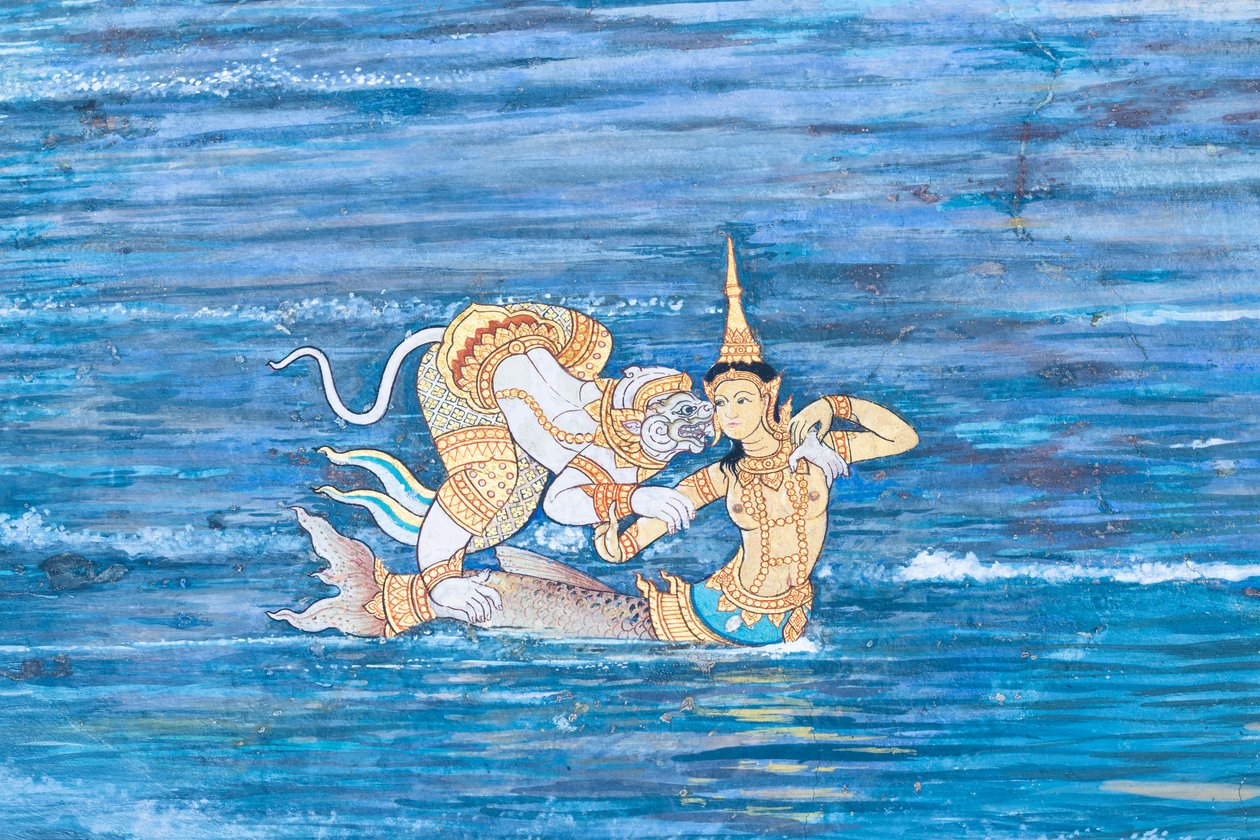 Falfestmény a Ramayana jeleneteit ábrázoló Wat Phra Kaeo-ban, a Királyi Nagy Palota, Bangkok, Thaiföld alkotó: Thai School