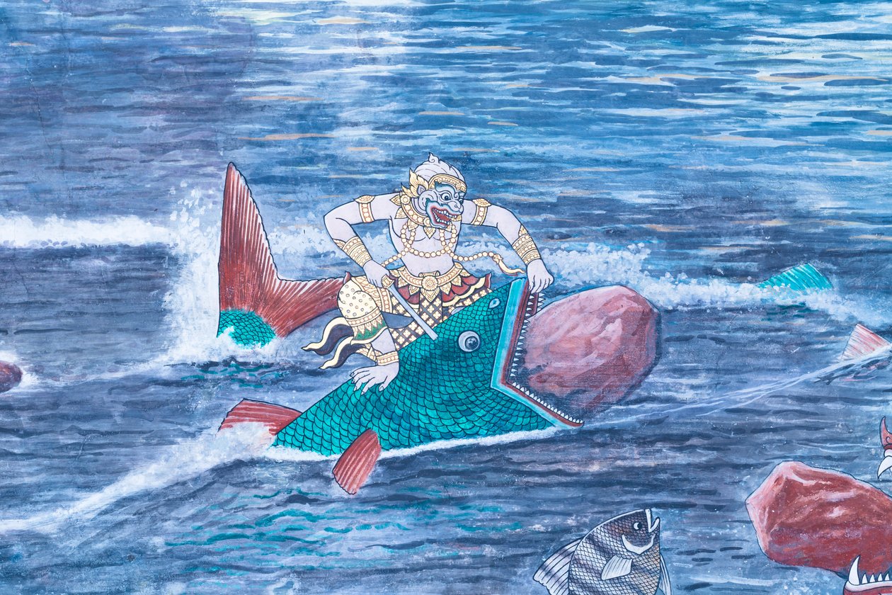 Falfestmény a Ramayana jeleneteit ábrázoló Wat Phra Kaeo-ban, a Királyi Nagy Palota, Bangkok, Thaiföld alkotó: Thai School