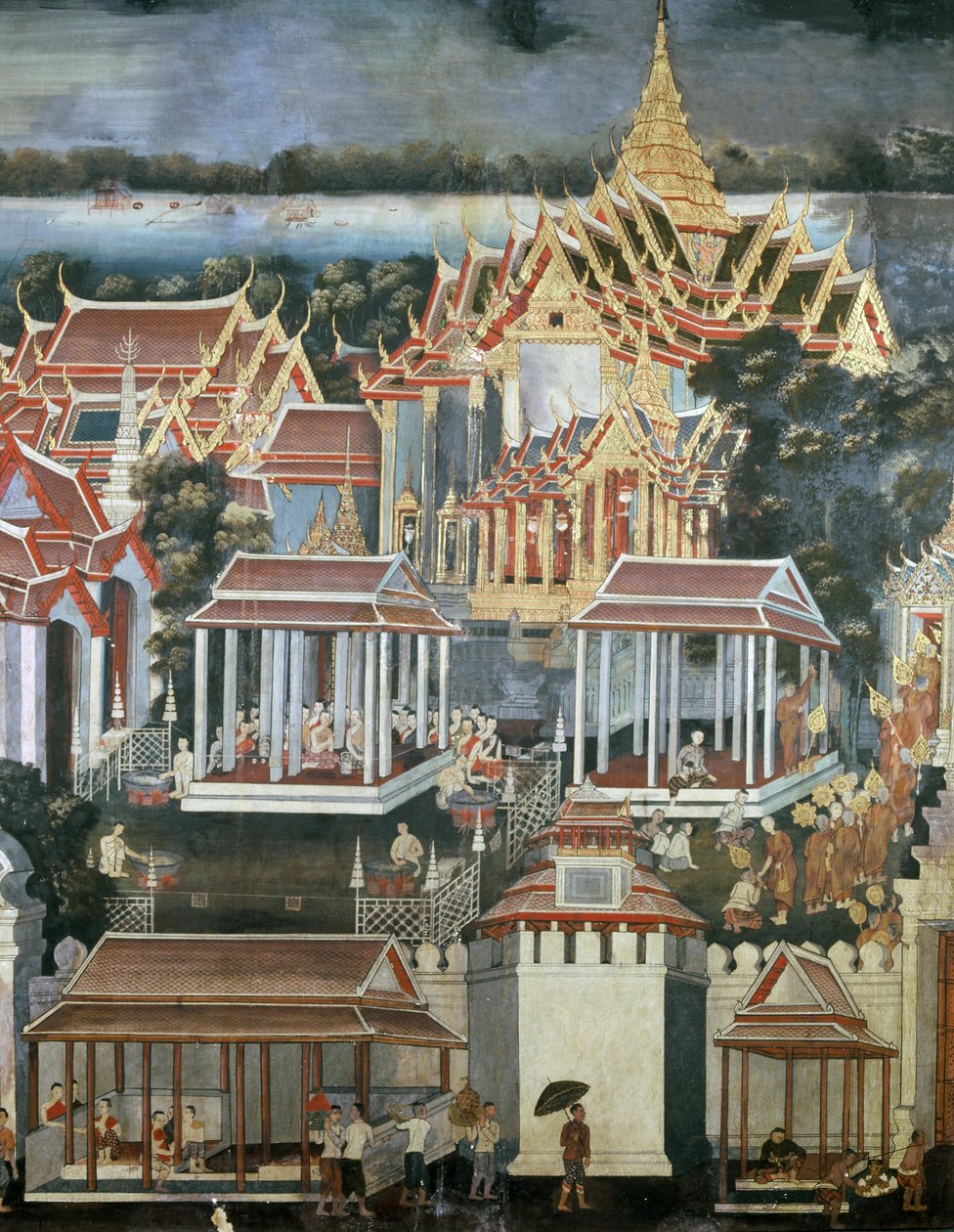 Felajánlások szerzeteseknek a Smaragd Buddha templomában, 1864 (falfestmény) alkotó: Thai School
