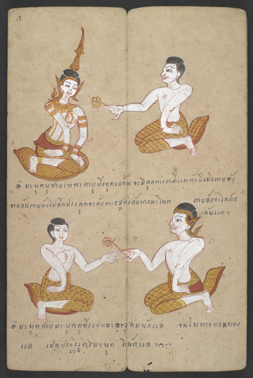 Vagy 16455 f.18r, Párok szerencsés és szerencsétlen kombinációi, a Phrommachattól (pergamen) alkotó: Thai School