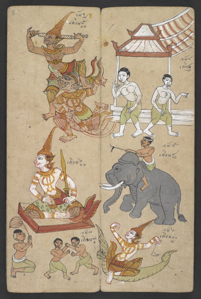 Vagy 16455 f.8r, Animals from the Zodiac, from Phrommachat (pergamen) alkotó: Thai School