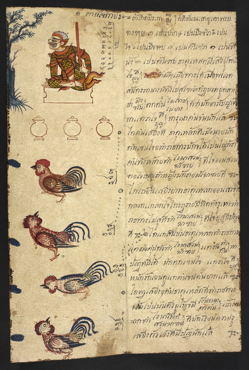 Vagy 4830 f.20 A kakas éve, egy "thaiföldi jóslási kézikönyvből (Phrommachat), amely a kínai állatövön alapuló horoszkópokat tartalmaz" (tinta és színes papíron) alkotó: Thai School