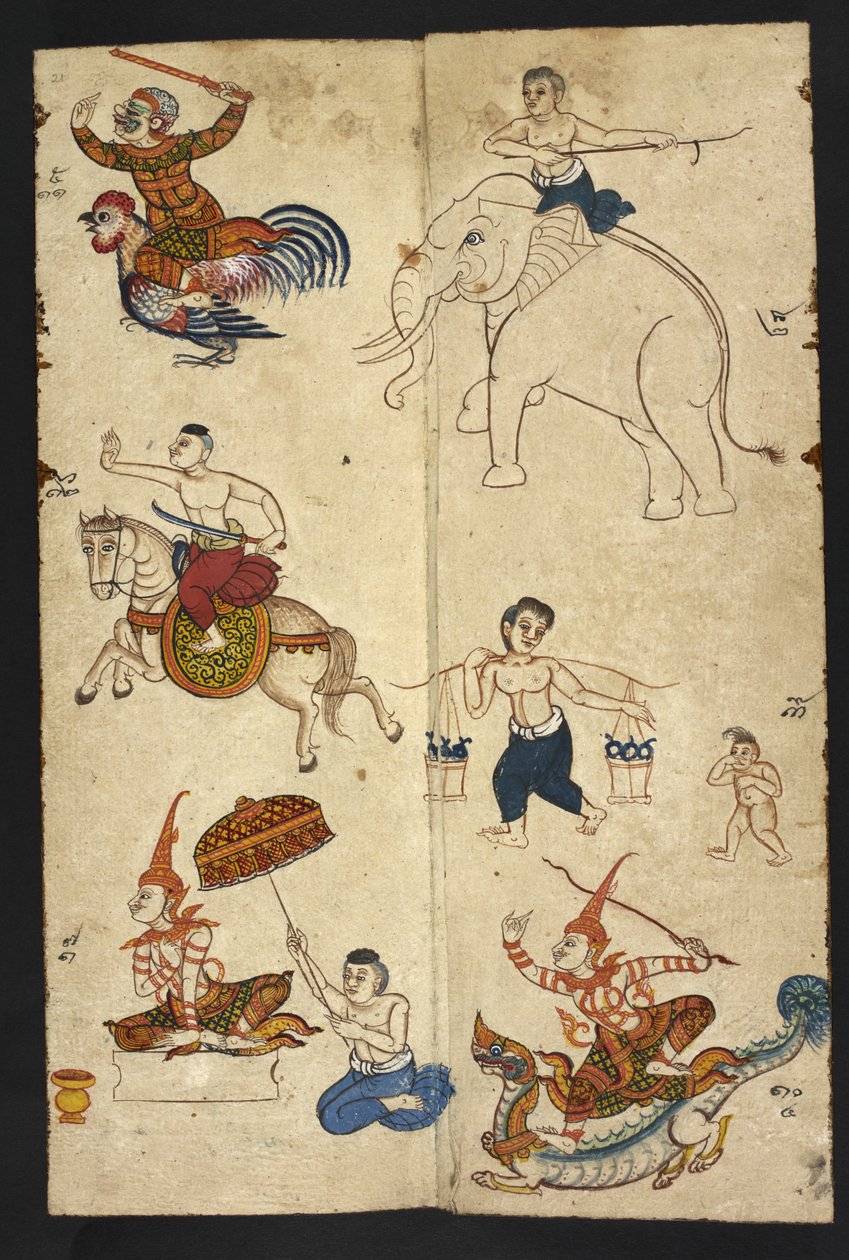 Vagy 4830 f.21 A kakas éve, egy "thaiföldi jóslási kézikönyvből (Phrommachat), amely a kínai állatövön alapuló horoszkópokat tartalmaz" (tinta és színes papíron) alkotó: Thai School