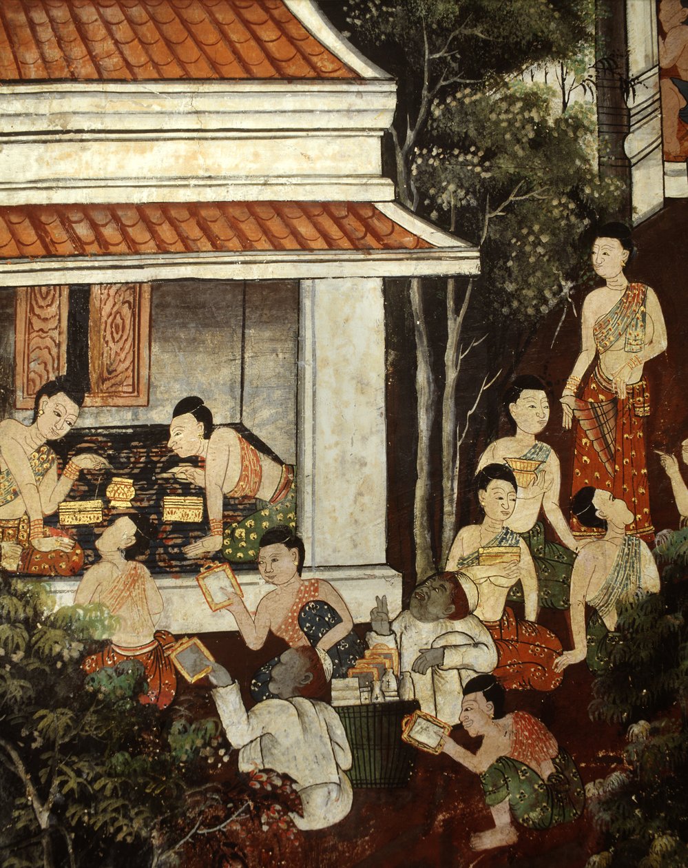 Palotai hölgyek ékszereket és tükröt vásárolnak muszlim kereskedőktől, Rattanakosin stílusban (falfestés) alkotó: Thai School