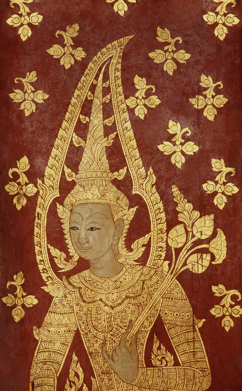 Rattanakosin stílusú ajtólap istenség képével, 1860 körül (festett fa) alkotó: Thai School