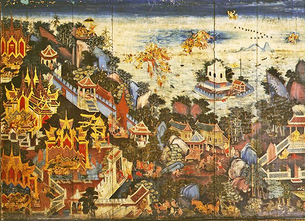 A Ramakien jelenetét ábrázoló gardrób hátsó panelje (olaj a panelen) alkotó: Thai School