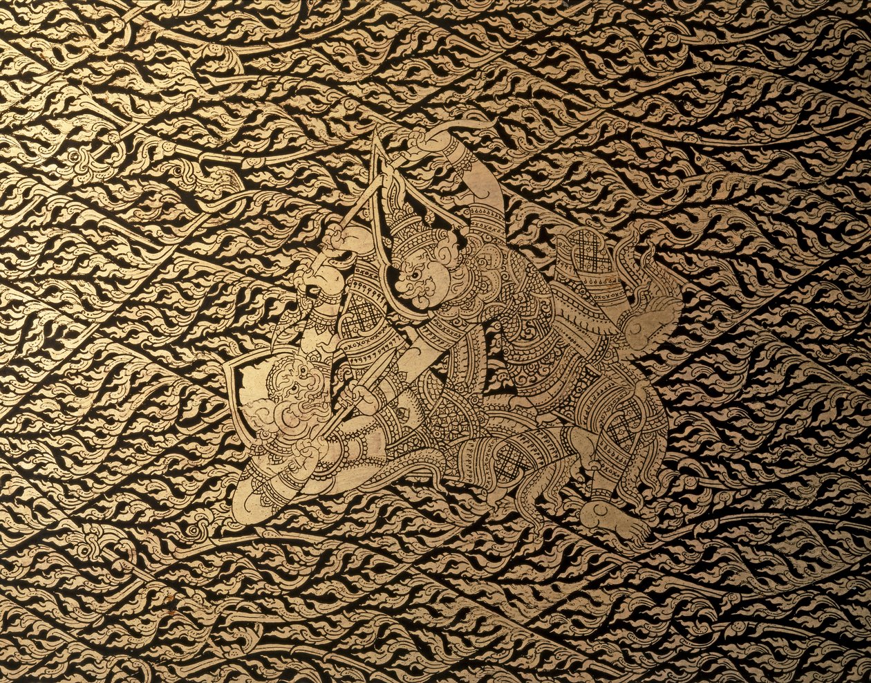 THAI ART: A "Ramayana" egy epizódja Kra Nak díszítéssel. Könyvespolc, Bangkok St... alkotó: Thai School