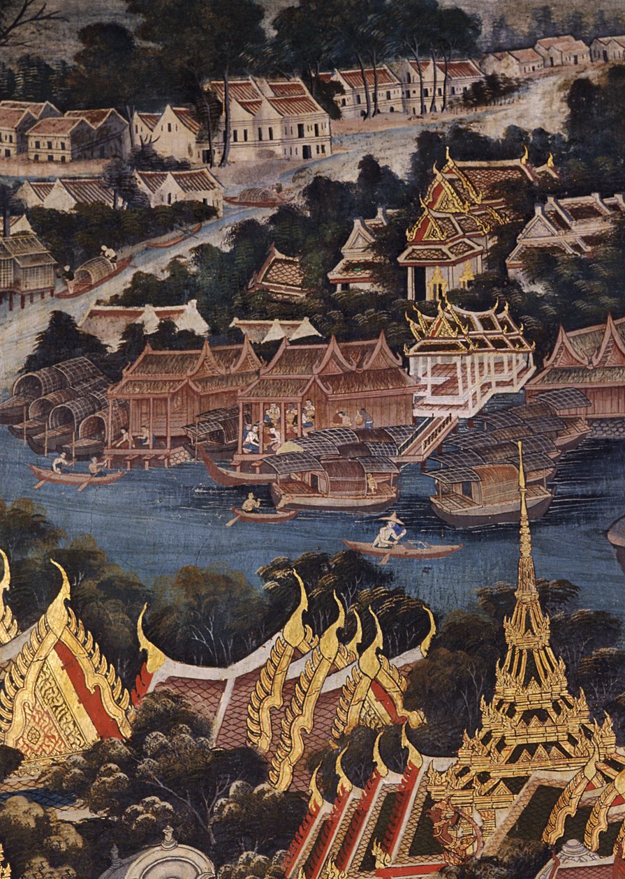 Kilátás a Bangkoki Királyi Palotára, a Chao Phraya folyóra és Tonburira, thai faházakkal és tégla- és stukkós kínai lakóházakkal, 1864 (falfestmény) alkotó: Thai School