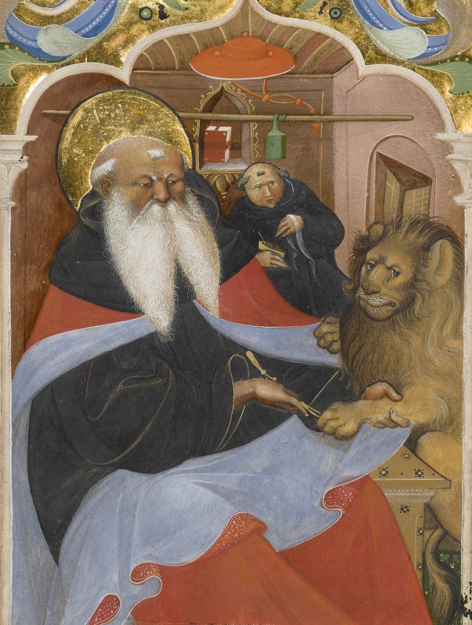 Szent Jeromos tövist húz ki az oroszlán mancsából Ms 106, 1425-50 (tempera és aranylevél pergamenen) alkotó: The Master of the Murano Gradual