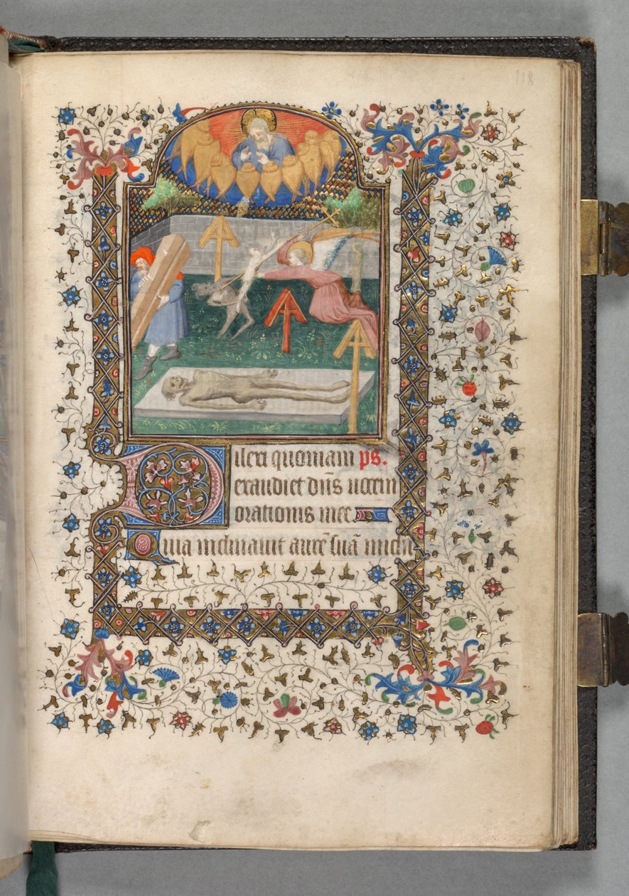Órakönyv (Párizs használata): Fol. 118r, Angyal és ördög harcol egy lélekért. alkotó: The Bedford Master