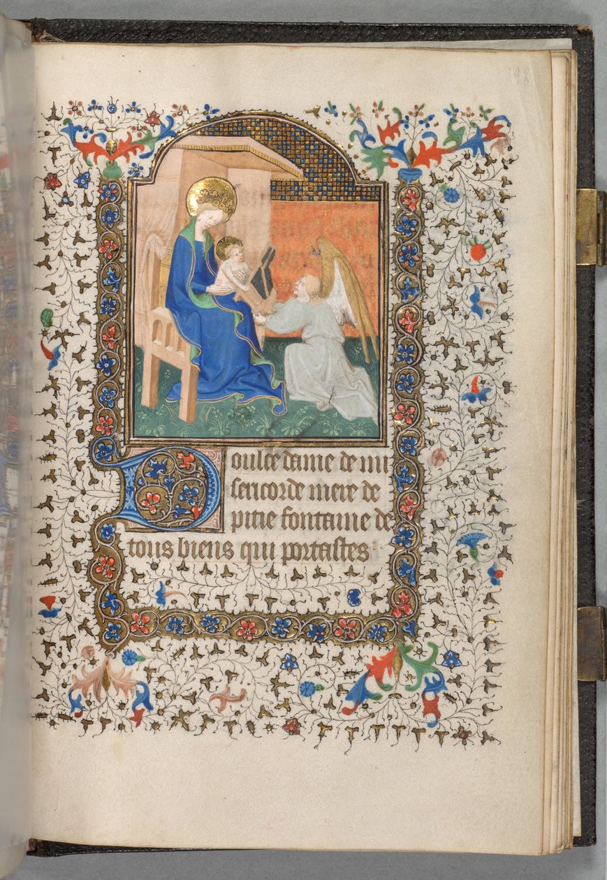 Órakönyv Párizs használata: Fol. 198r, Madonna és gyermeke angyallal, c. 1420. alkotó: The Bedford Master