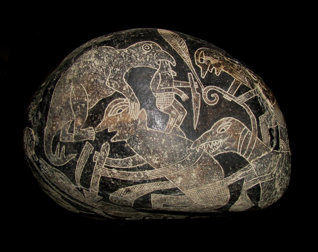 Az ica kő. Egy dinoszaurusz megöl egy embert. alkotó: The Ica stones.