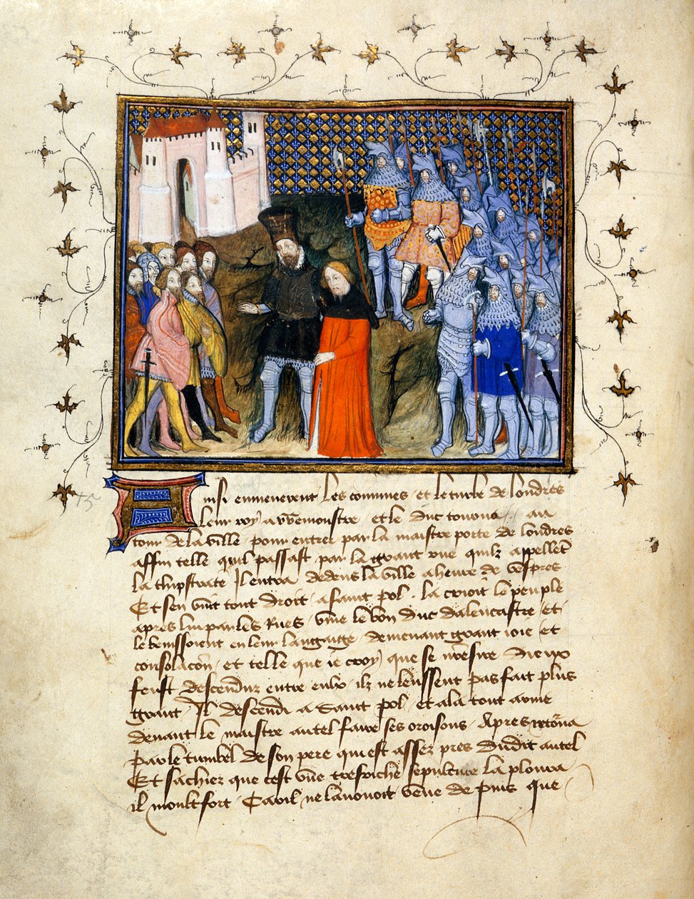 (Egész fólió) II. Richárd király, akit Henry Bolingbroke foglyul ejt Londonba, lemond a trónról; díszített szegély alatti szöveggel. alkotó: The Virgil Master