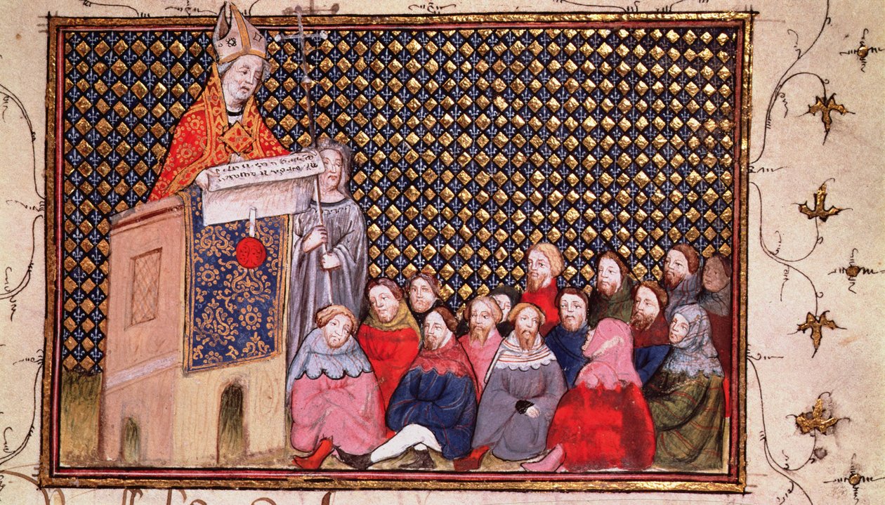 Harl 1319 f.12 Arundel érsek prédikál Henrik ügyében, a "Histoire du Roy d