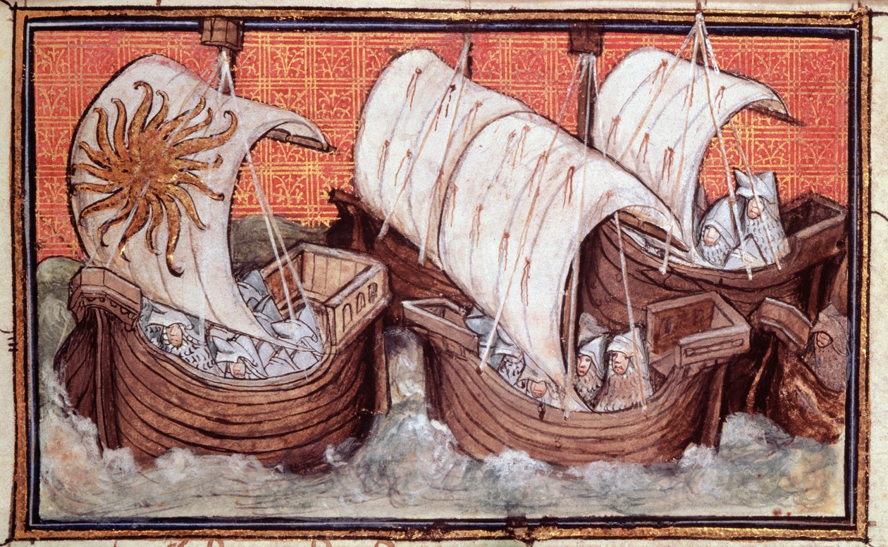 Harl 1319 f.18 II. Richárd flottájának távozása Írországból, II. Richárd angol király története (vellum) alkotó: The Virgil Master