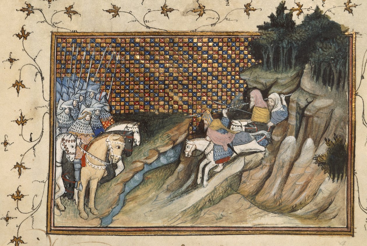 Harley 1319, f.9 Art Mór Gloucester grófjával találkozni, Jean Creton „La Prinse et Mort du Roy Richart” (II. Richárd király elfogásának és halálának könyvéből) alkotó: The Virgil Master