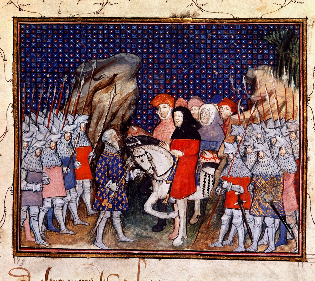 Harley 1319, fol.44, II. Richard király találkozik Northumberland grófjával Conway-ben, és felajánlja, hogy lemond a koronáról alkotó: The Virgil Master