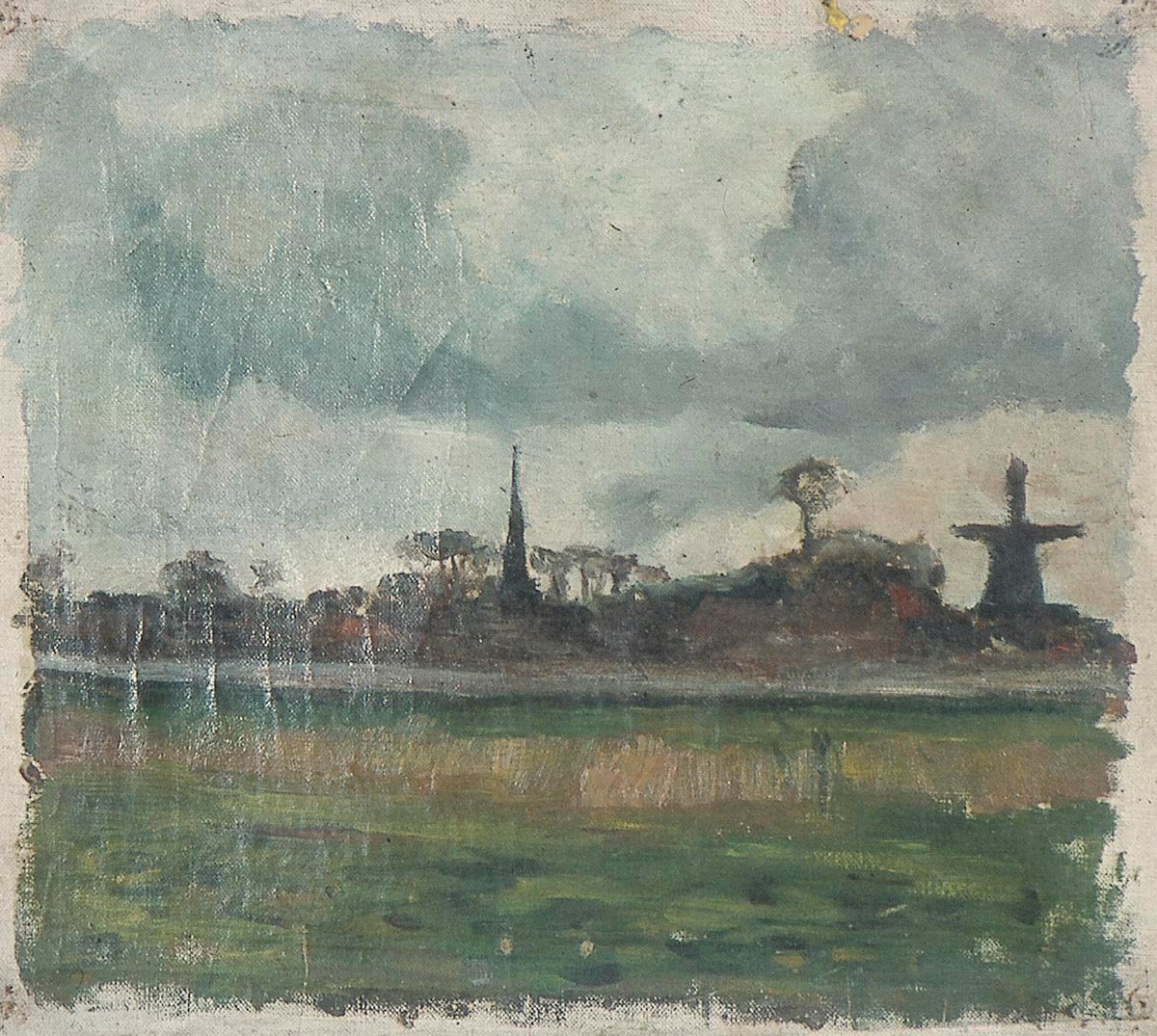 Tájkép szélmalommal és templommal alkotó: Theo van Doesburg